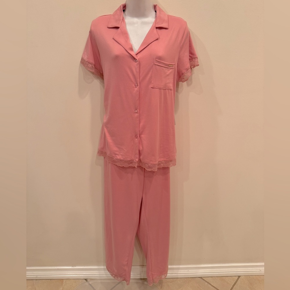 NWT BCBGMaxAzria Pajamas/Rose Pink/Size Medium/Short Sleeve/Cropped Legs/Lace